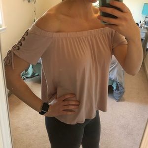 Blush off the shoulder tie top